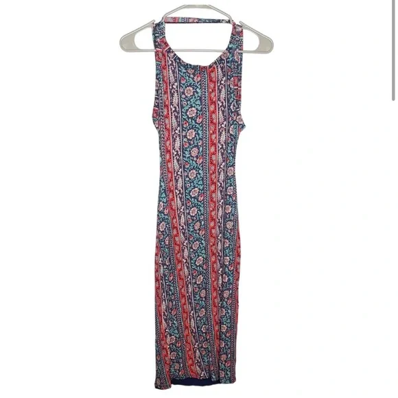 Lulus Kiss the Sky Halter Open Back Midi Dress Women's Size Medium Blue Red - Picture 2 of 7
